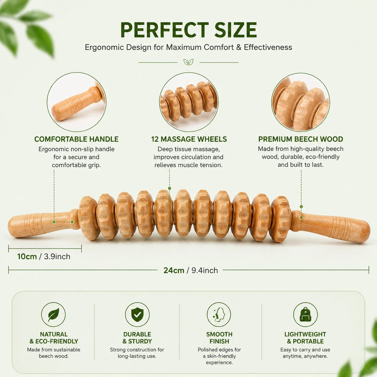 Vitanity Care™ Wooden Body Massage Roller – 12-Wheel Massage Tool