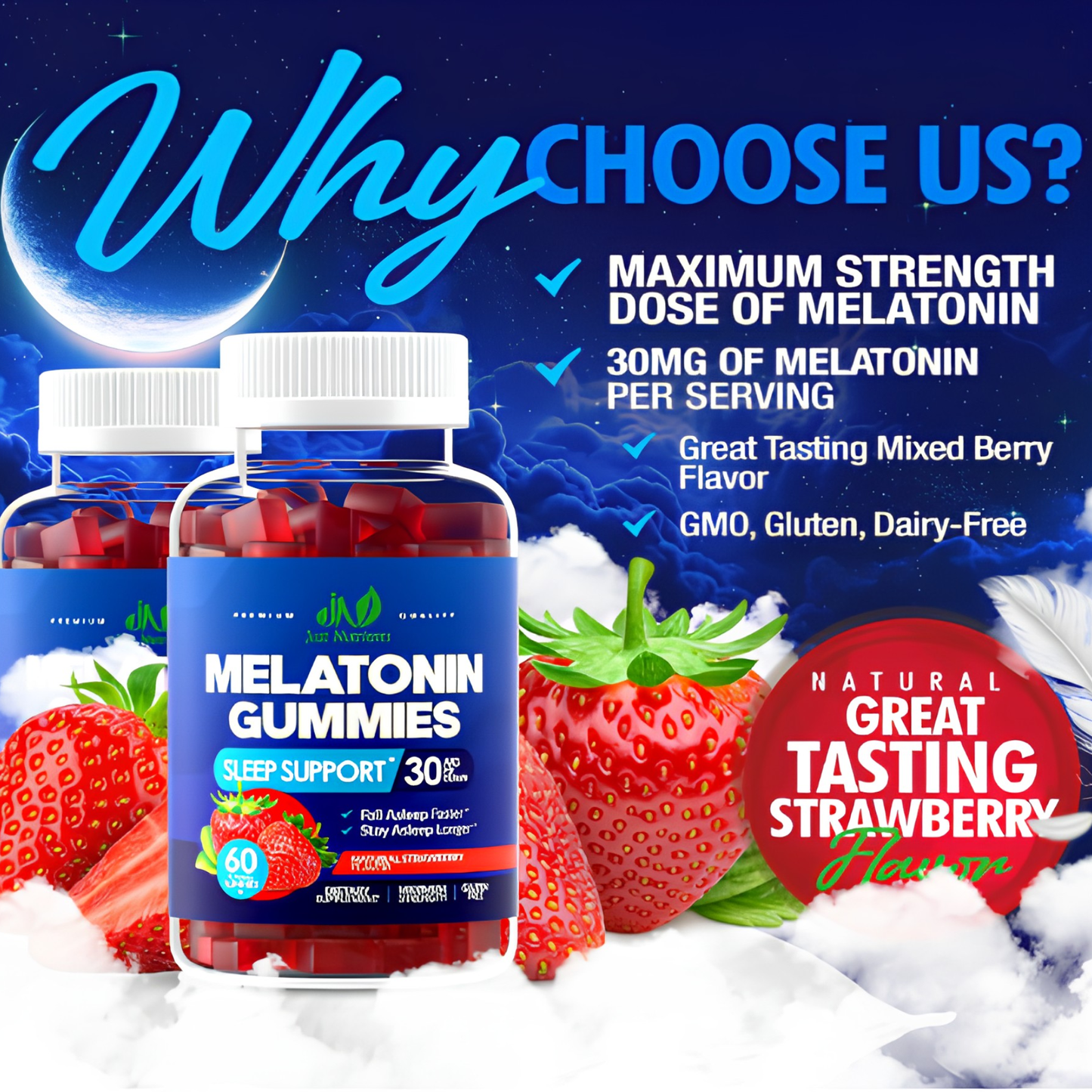 Melatonin 30mg Sleep Gummies for Adults – Maximum Strength, Sugar-Free, Non-GMO, Strawberry Flavor (60 Gummies)