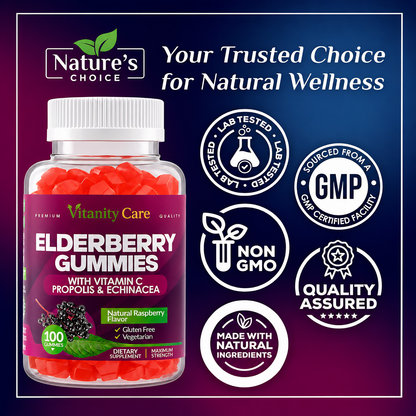 Elderberry Gummies 200mg with Vitamin C & Echinacea – Immune Support Gummies for Adults & Kids | Vegan | 100 Count