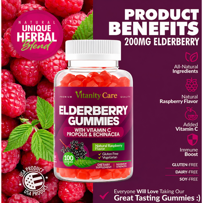 Elderberry Gummies 200mg with Vitamin C & Echinacea – Immune Support Gummies for Adults & Kids | Vegan | 100 Count