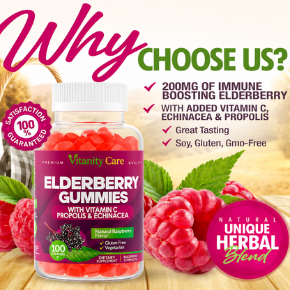 Elderberry Gummies 200mg with Vitamin C & Echinacea – Immune Support Gummies for Adults & Kids | Vegan | 100 Count