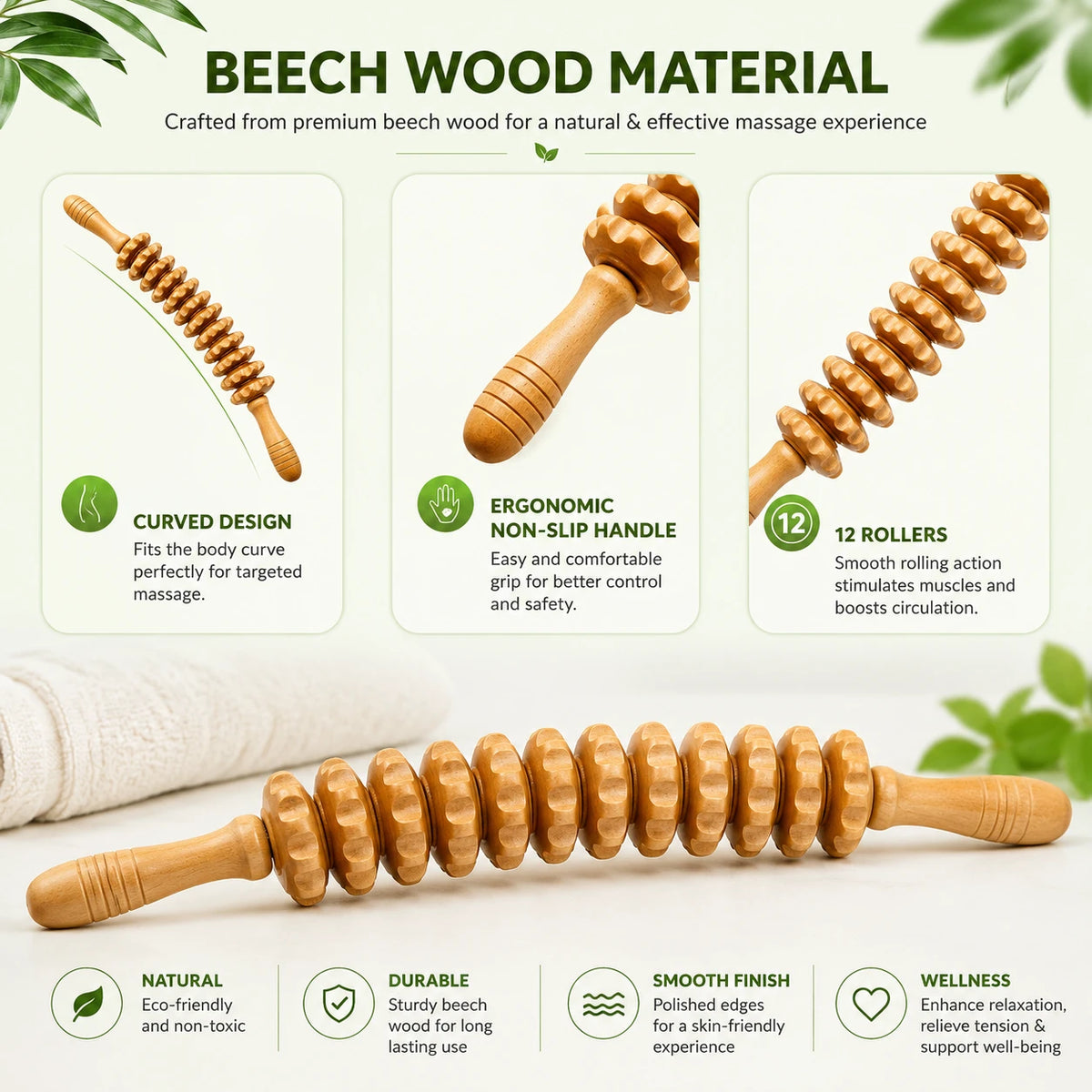 Vitanity Care™ Wooden Body Massage Roller – 12-Wheel Massage Tool
